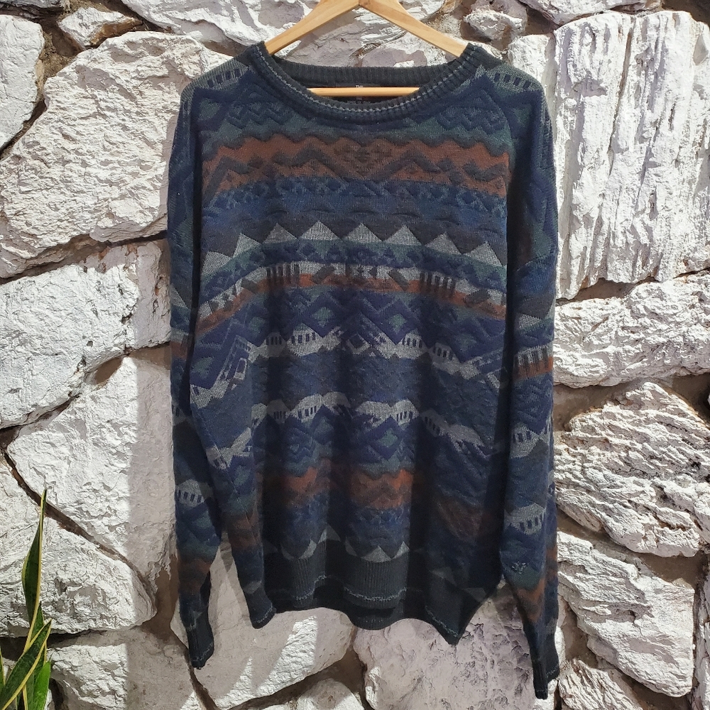 VINTAGE ITALIAN SWEATER CO PULLOVER CREW NECK SWEATER LARGE AZTEC WESTERN